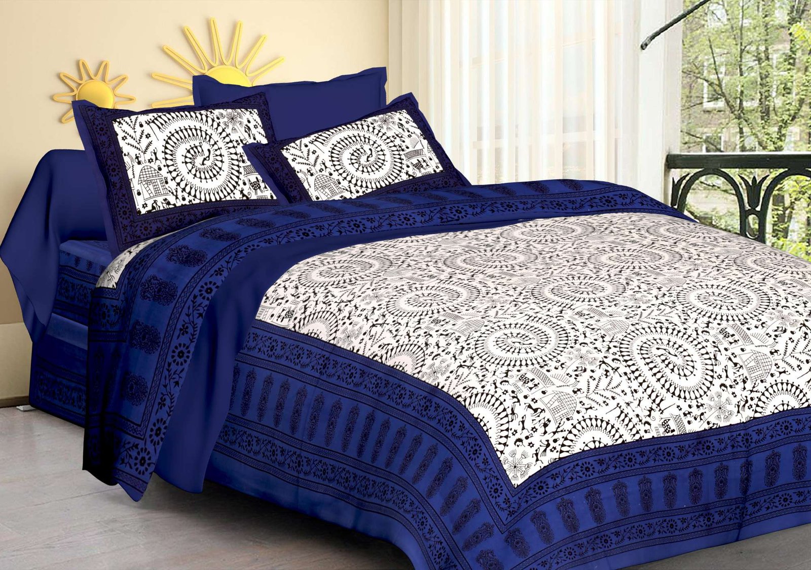 Rajasthani Traditionally Printed Cotton Doublebed Bedsheet With Pack of 2 Pillow Covers